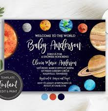 Space Planets Solar System Baby Shower Invitation Welcome To Etsy Baby Shower Invitations Diy Birthday Invitations Baby Shower