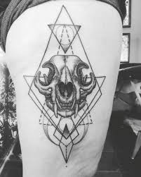 Black And White Sugar Skull Thigh Tattoo Geometric Cat Skull Tattoo Done By Chris De Villiers At The Body Architects Cape Town South Africa Cat Skull Tattoo Animal Skull Tattoos Geometric Cat Tattoo