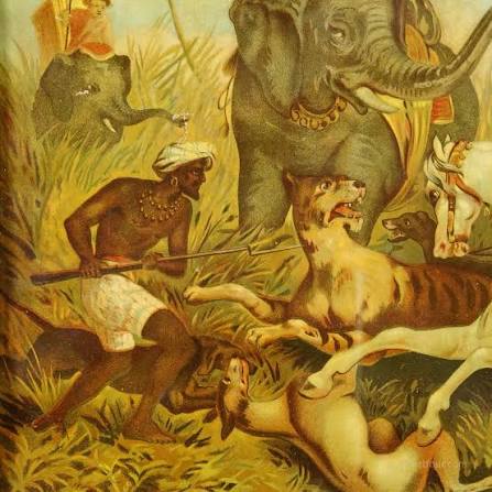 Antique oil print with tiger hunt in India 19th century