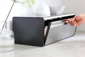 The brabantia nic bread bin features a compact and practical design with a beautiful bamboo serving lid: Brabantia Fall Front Bread Box Matte Steel Fingerprint Proof With Black Sides 299186