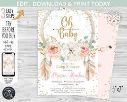Boho Baby Shower Oh Baby Dreamcatcher Invitation Pink Gold Etsy In 2021 Pink Invitations Printable Baby Shower Invitations Baby Shower Invitation Templates
