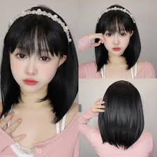 ALAN EATON Brown Highlight Bob Wigs with Bangs Short Straight Wig Natural  Mixed Color Hair for Women Daily Party Synthetic Wig