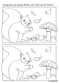 Plakaty Herbstliches Fehlerbild Mit Eichhornchen Fliegenpilzen Blattern Und Nussen 220445944 Eichhornchen Herbst Im Kindergarten Herbst