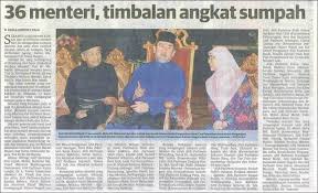Najib razak angkat sumpah sebagai perdana menteri malaysia selepas barisan nasional bn menang. Felda 36 Menteri Timbalan Angkat Sumpah