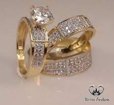 Diamond 14k Yellow Gold Trio His And Her Wedding Band Bridal Engagement Ring Set Wedding Ring Trio Wedding Ring Trio Sets Yellow Gold Diamond Engagement Ring