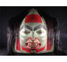 BEAU DICK, KWAGUILTH KOMINA MASK, WITH HORSEHAIR AND COPPER TEETH SIGNED ON  BACK 30" HIGH X 30.5"