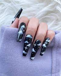 Reusable Black Night Cloud Press On Nails Long Acrylic Nails Coffin Long Acrylic Nail Designs Best Acrylic Nails
