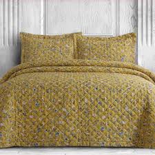 3 piece grey blue king peace sign quilt set, polyester material, embroidered pattern, casual classic & contemporary style, machine washable, for modern master bedrooms, medium blue, multi. King Carolina Organic Cotton Quilt Set Yellow Azores Home Target