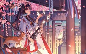 Share the best gifs now >>>. Wallpaper Cat Magic Sakura Lantern Temple Kimono Bird Priestess Flowering Long Hair Art Udlj331 Images For Desktop Section Prochee Download