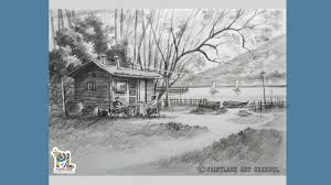You will now draw eight or nine horizontal lines to detail the roof of the log cabin and then the house it self needs the same lines as well. How To Draw Wooden Cabin At Lake In Scenery Art Easy Pencil Art Youtube