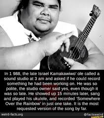 Official somewhere over the rainbow israel quot iz quot kamakawiwoʻole. In 1 988 The Late Israel Kamakawiwo Ole Called A Sound Studio At 3 Am And Asked If He Could Record Something He Had Been Working On He Was So Polite The