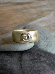 Chunky Gold Engagement Ring Round Moissanite Wide Band Ring Thick Band Engagement Ring Diamond Alternative Comfort Fit Low Profile Ring Thick Band Engagement Ring Engagement Rings Round Gold Yellow Gold Engagement