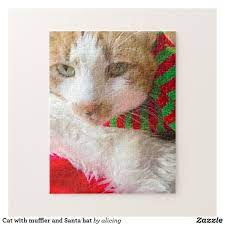 Cat With Muffler And Santa Hat Jigsaw Puzzle Zazzle Com Custom Puzzle Jigsaw Puzzles Jigsaw Puzzle Fun