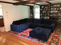 The front legs of the sectional should be placed on the 8x10' rug. Area Rug Advise For Blue Velvet Sectional