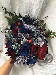 Wedding Bouquet Burgundy Navy Blue Red Peony Steel Silver Etsy Red Bouquet Wedding Faux Flowers Wedding Blue Wedding Flowers