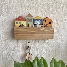 Wooden Wall Key Holder With Miniature Houses Hanger For Face Etsy In 2020 Wall Key Holder Wooden Walls Wooden Key Holder