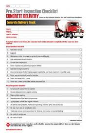The service life of concrete mixing tank truck depends on the maintenance of users to a large extent, even if it is again good concrete mixing tank truck, usually rough use, do not pay fill in this form or click the service online, all questions will be answered. Concrete Delivery Pre Start Inspection Checklist Cfmeu South Australia
