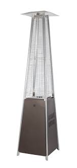 Patio heaters provide smokeless heat and are made from stainless steel to withstand the elements. Mocha Pyramid Flame Patio Heater Costco Com Exclusive Well Traveled Living