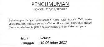 Surat keterangan kerja dibutuhkan untuk berbagai keperluan, mulai dari pembuatan paspor hingga pengajuan kpr. Pengumuman Libur Fakultatif Menyambut Dies Natalis Xxx Polnes 2017 Polnes Politeknik Negeri Samarinda Official Web