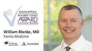 The Evansville community has voted! Join us in congratulating our Courier &  Press Readers' Choice Award winners: St. Vincent Medical Group physician  and Platinum winner, William Blanke, MD, Family Medicine, and Gold
