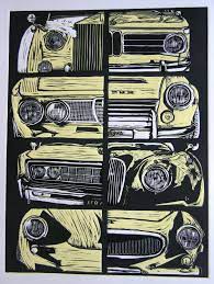 Original Limited Edition Linocut Print Vintage Car Montage Linocut Prints Linocut Woodcuts Prints