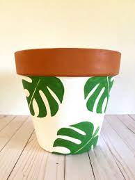 hand painted 12 inch monstera terracotta clay pot hand etsy painted pots diy paint garden pots painted plant pots