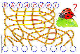 logic puzzle game for study english with labyrinth find the correct places for letters write them in relevant circles and read the word printable worksheet for kids textbook back to school stock