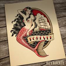 Mermaid Tattoo Print Nautical Traditional Tattoo Old School Etsy In 2021 Traditional Mermaid Tattoos Mermaid Tattoos Mermaid Tattoo