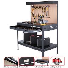 Olympia 4 Ft W X 5 Ft H X 2 Ft D Black Steel Workbench With Built In Power And Lighting 82 802 The Home Depot Steel Workbench Adjustable Height Work Table Bench With Storage