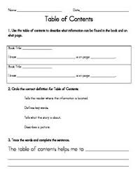 Table Of Contents Worksheet Teaching Skills Parts Of A Book Lesson