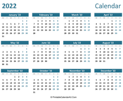 Printable Yearly Calendar 2022