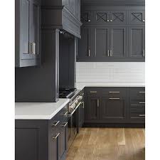 Dark Cabinets White Tile Gold Handles In This Gorgeous Kitchen Designed By Foxgroupconstruc Kitchen Cabinet Design Kitchen Design Farmhouse Kitchen Cabinets