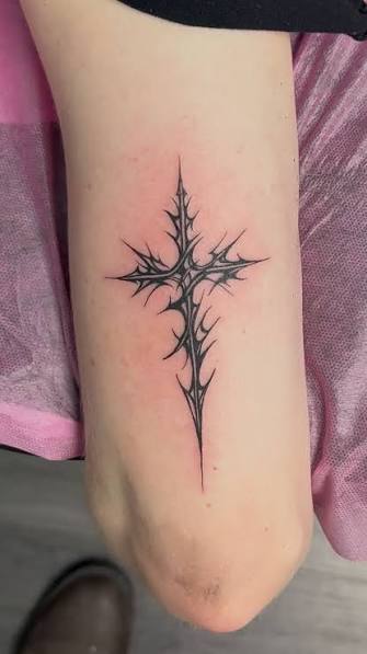 #NamesakeTattoos, A dark gothic cross with sharp, thorned details — clean fine-line work with a raw, timeless feel. Simple, aggressive, and built to last., Made at Namesake Tattoo by Mighty Sam’s ...