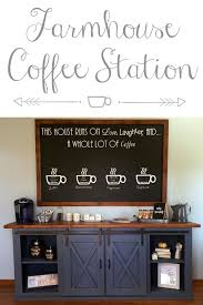 This Farmhouse Style Coffee Station Is Absolutely Incredible Love The Big Chalkboard And The Barn Doo Coffee Station Home Coffee Stations Farmhouse Side Table