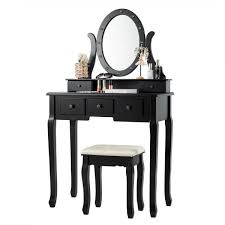 But more precisely, makeup vanity set consists of a makeup vanity table with lights and a big mirror. Costway Black Wood Vanity Set Makeup Dressing Table Chair With 5 Drawers And Lighted Mirror Hw60151bk The Home Depot