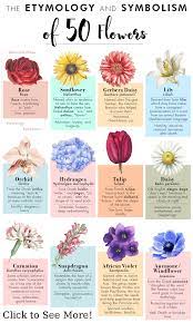 Not only are flowers beautiful additions to our homes, weddings and special events, they also have different meanings attached to them. The Etyomology And Symbolism Of 50 Flowers Different Kinds Of Flowers Flower Guide Flower Names
