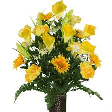 The holder device is made to fit most cemetery vases with a diameter from 2.5 to 3.5. Yellow Peony And Calla Lily Mix Silk Cemetery Flowers