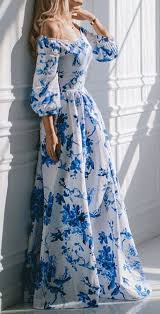 Blue White Off Shoulder Bird And Floral Print Maxi Empire Dress Ball Gown Dresses Long Sleeve Floral Maxi Dress Elegant Attire