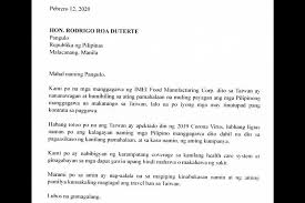 There are many cases when you have to write to a company rather than any specific individual. Filipino Workers At I Mei Foods Company In Taiwan Ask Their Government To Lift Travel Ban Taiwan News 2020 02 14