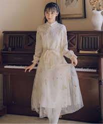 チャイナ風ワンピース 可愛いワンピース ロング丈ワンピース 改良唐装 改良漢服 チャイナ風服 中華服 改良型チャイナドレス 普段着 s m l 女子会 同窓会 切り替え スタンドネック 長袖 アプリコット elegant 可愛いワンピース ワンピース かわいい ファッション