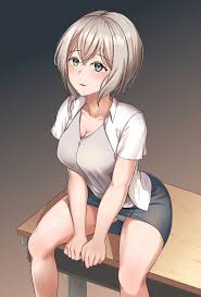 furiousghafo, aoba moca, bang dream!, absurdres, highres, 1girl, alternate  costume, bare legs, black skirt, blush, breasts, cleavage, collarbone,  collared shirt, desk, feet out of frame, gradient background, green eyes,  grey background, grey