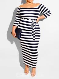 Ericdress Off Shoulder Ankle Length Lace Up Stripe Plus Size Dress