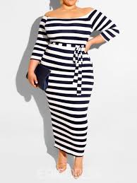 ericdress off shoulder ankle length lace up stripe plus size dress