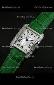 Cartier lanieres allongee 18k white gold diamond case quartz watch •model no: Cartier Louis Japanese Replica Ladies Diamond Watch In Green Strap For Just 199 Usd