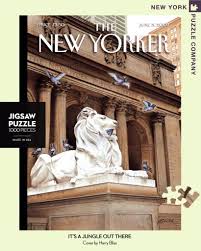 A contemplative black cat sits on a chair of a new york apartment where the table is set for tea, and takes in all the nyc skyline has to offer. New York Puzzle Company New Yorker It S A Jungle Out There 1000 Piece Jigsaw Puzzle You Can Get Additi New Yorker Covers New Yorker Cover Unique Puzzles