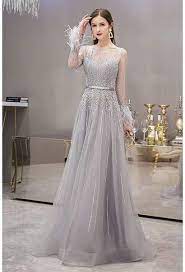 A Line Party Dresses Junoesque Rhinestones Embellished Feather Sleeves Pakaian Pesta Pakaian Pernikahan Model Baju Wanita