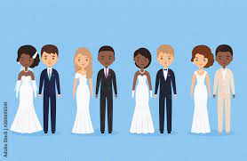 Interracial bride and groom. Mixed newlywed couple. Cartoon wedding  characters standing isolated. Vector illustration. Animated Caucasian and  Black people. Icons male, female person. Flat design. Stock Vector 