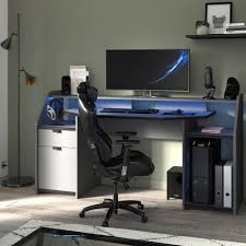 Setup Large Grey Gaming Desk With Leds