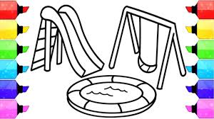 Hand drawn cute three little children playing in a swing playground coloring page for kids. Playground Coloring Pages How To Draw Playground And Learn Colors For Kids With Colored Markers Youtube