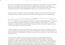» esta ceremonia de la arena ya hace más de cinco mil años era practicada por los novios que vaciad vuestra arena en este recipiente vacío y aquí quedarán mezcladas para siempre. los novios comienzan a unir las arenas mientras cada uno. Ejemplo De Guion Para Maestro De Ceremonias De Boda Opciones De Ejemplo